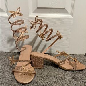 Delicacy Rose Gold Butterfly Spiral Block Heel Sandals